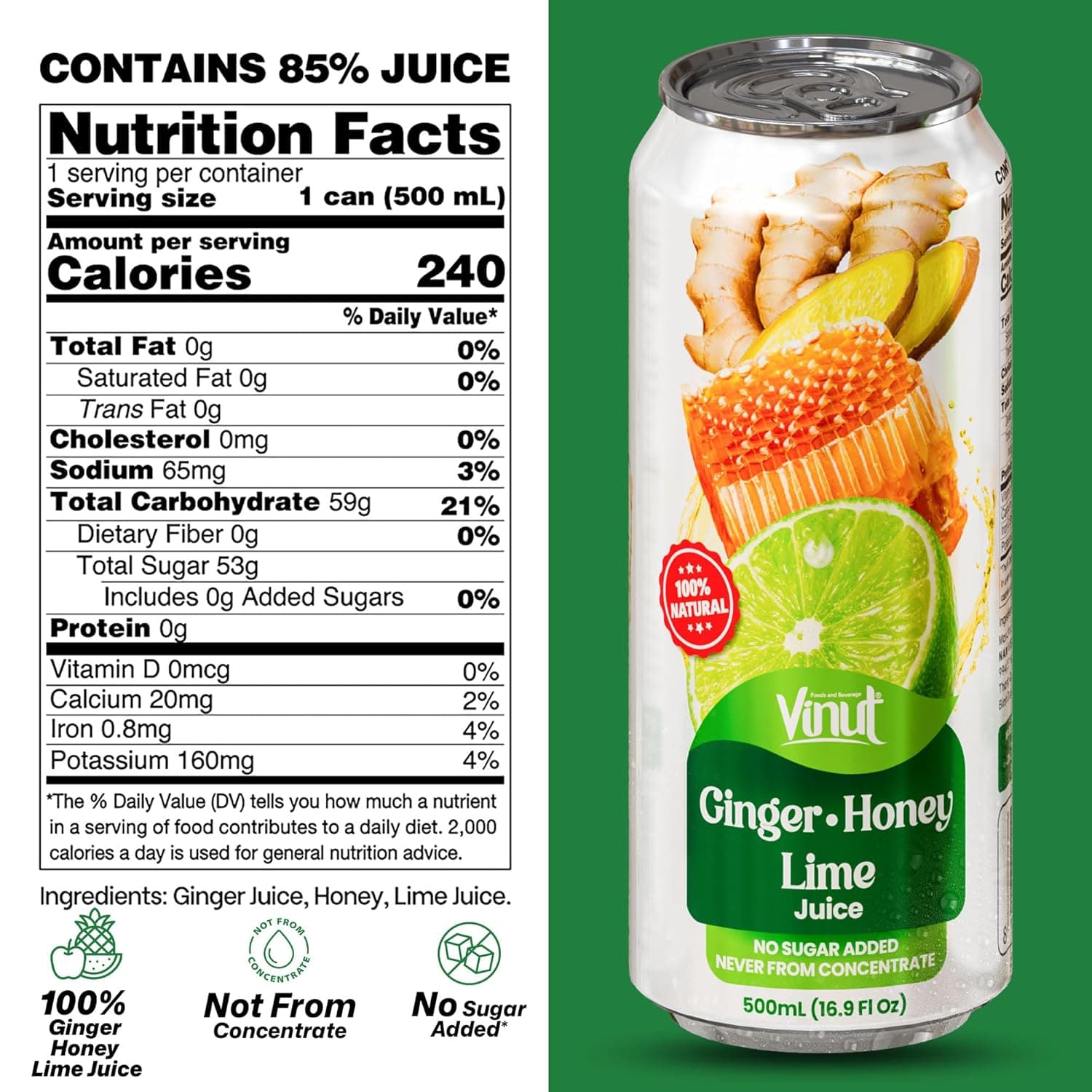 16.9 fl oz VINUT 100% Natural Ginger, Honey, Lime Juice drink - Not from Concentrate thumbnail 4