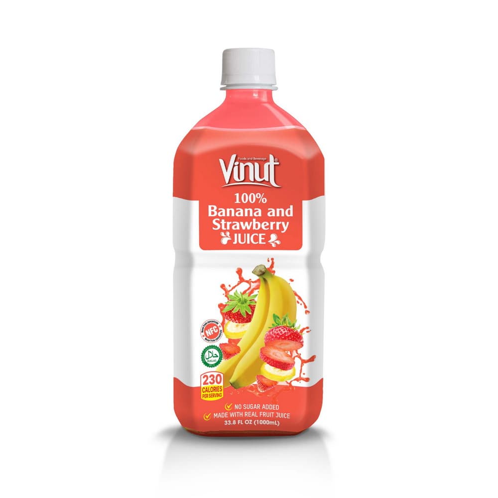 VINUT Jugo 100% de Banana y Fresa, NFC, Sin Azúcar Añadida, Botella PET, 33.8 fl oz 1000 mL