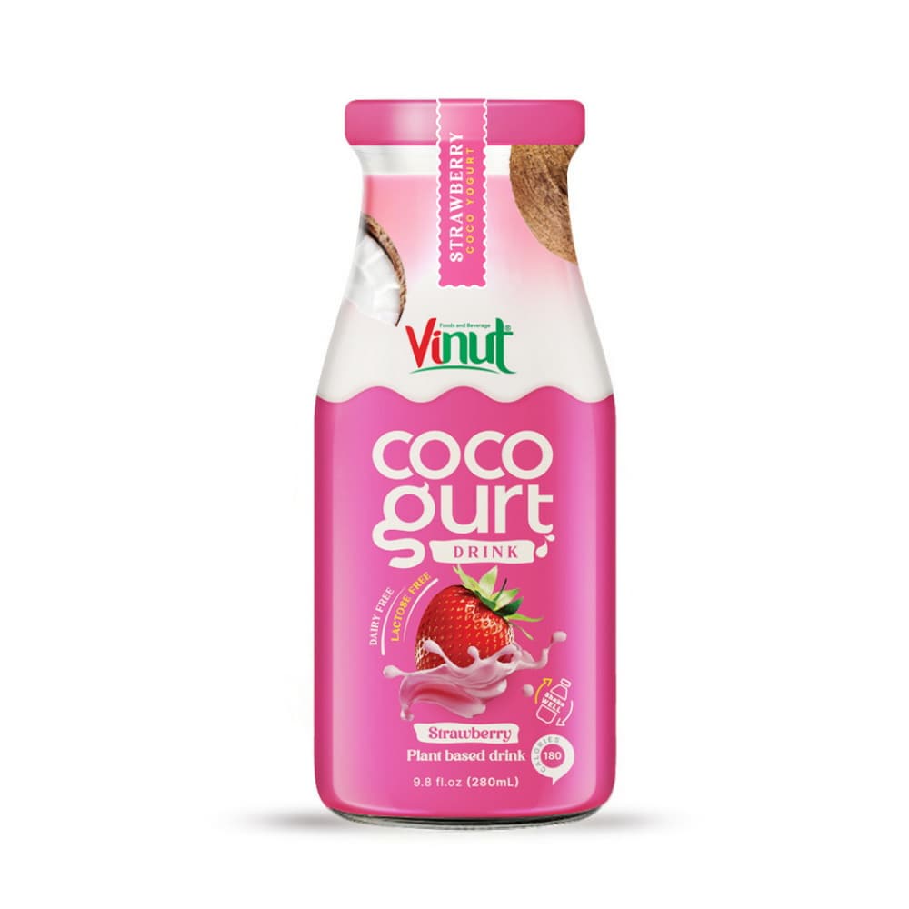 VINUT Bebida Cocogurt de Fresa de Origen Vegetal, Botella de Vidrio, 9.8 fl oz 280 mL